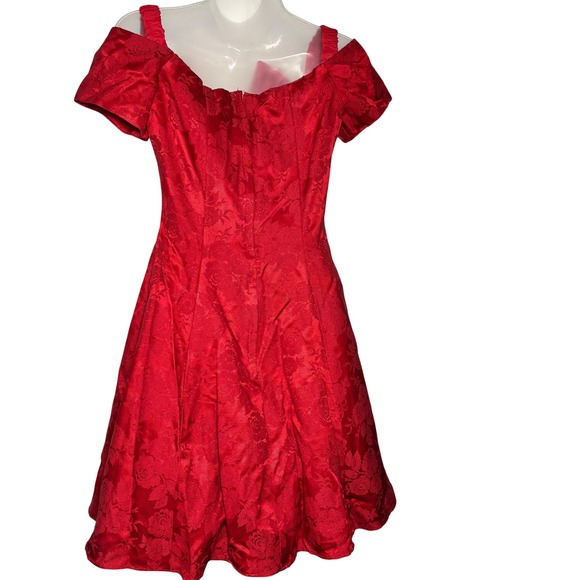 Vintage Gunne Sax Red Brocade Off Shoulder Bow Dress Sz 9/10 Prom Hoco Pageant - Picture 2 of 12